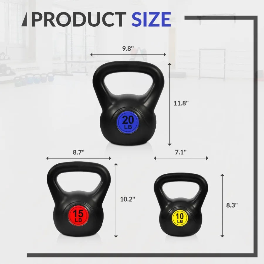 Wide Grip Kettlebell Exercise Fitness Weight Set 3Pieces: 10lb 15lb and 20lb Kettlebells